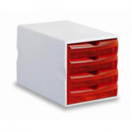 Cassettiere serie Modula 4  Big rosso trasparente 4 cassetti 5 cm-formato 25x37x25cm  portaoggetti e piedini antidrucciolo