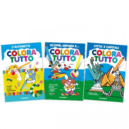 COLORA TUTTO LINEA 4 FORMATO A4 24 PAGINE 120 GR CONFEZIONE DA 6      SOGGETTI ASSORTITA ((ALFABETO/SCOPRI IMPARA E..CITTA  E CAPITALI)