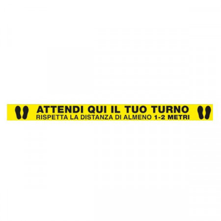ADESIVO BIANCO  CM 100X8 - CARTELLO ATTENDI QUI IL TUO TURNO RISPETTA LA DISTANZA DI ALMENO 1-2 METRI (SEGNALETICA PER PAVIMENTO CON