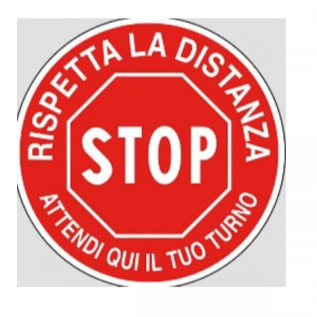 ADESIVO BIANCO  DIAMETRO CM 20 - CARTELLO STOP RISPETTA LA DISTANZA  ATTENDI QUI IL TUO TURNO (SEGNALETICA PER PAVIMENTO CON TRATTAMENTO