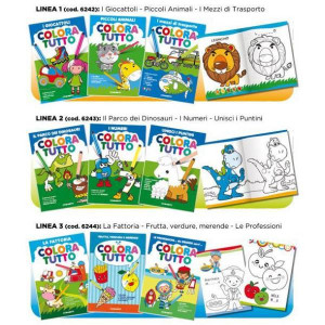 COLORA TUTTO LINEA 1 FORMATO A4 24 PAGINE 120 GR CONFEZIONE DA 6      SOGGETTI ASSORTITA ((GIOCATTOLI/PICCOLI ANIMALI/MEZZI DI TRASPORTO)