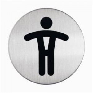 PITTOGRAMMA CIRCOLARE 83 MM  SIMBOLO PER TOILETTE  UOMINI   IN ACCIAIO LUCIDO  CON ADESIVO SUL RETRO PER IL FISSAGGIO