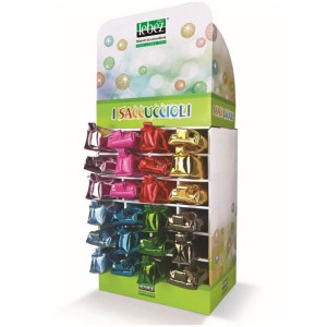 Espositore da banco 24 saccuccioli in PU  materiale effetto metal e cangiante 2 modelli e 8 colori