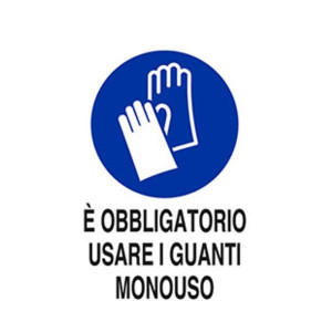 CARTELLO E  OBBLIGATORIO USARE I GUANTI MONOUSO 30X20  ADESIVO BIANCO
