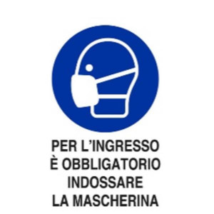 CARTELLO PER L INGRESSO E  OBBLIGATORIO INDOSSARE LA MASCHERINA 30X20 ADESIVO BIANCO