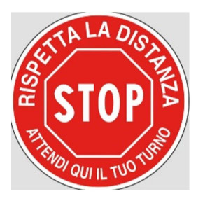 ADESIVO BIANCO  DIAMETRO CM 20 - CARTELLO STOP RISPETTA LA DISTANZA  ATTENDI QUI IL TUO TURNO (SEGNALETICA PER PAVIMENTO CON TRATTAMENTO