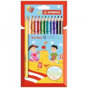 Stabilo trio maxi scatola cartone 12 colori e temperamatite  matite fusto triangolare grosso  intensa applicazione di colore (conf.12 pz)